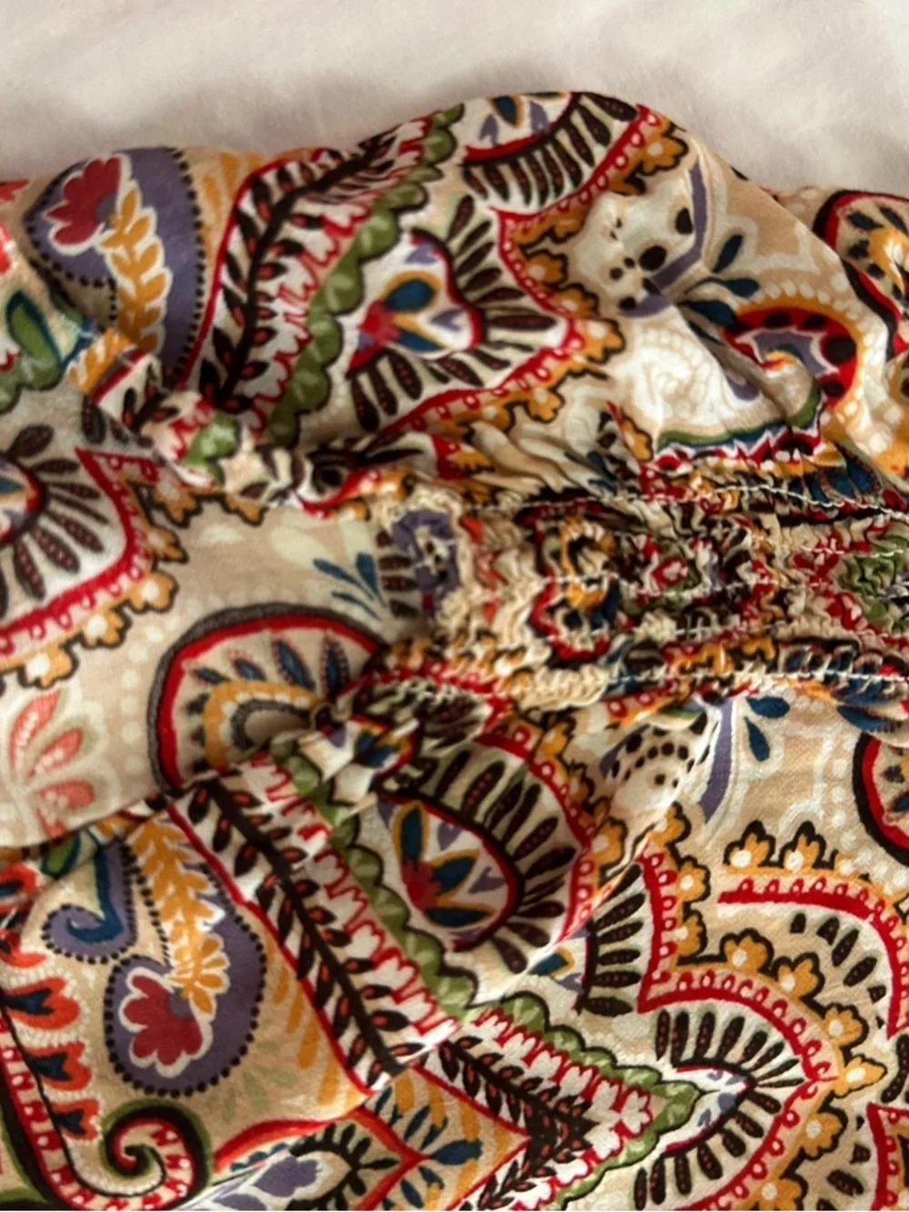 Democracy Paisley Split-Neck Blouse in Red, Cream and Green